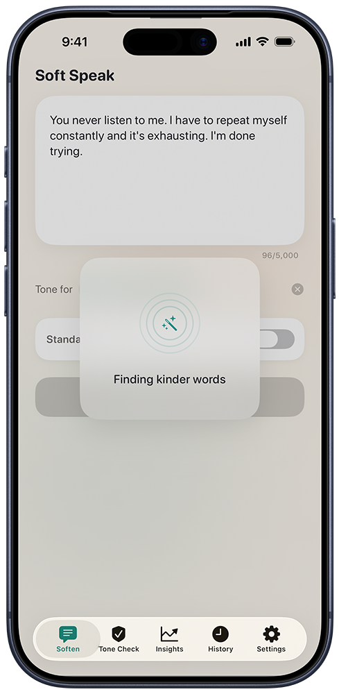 SoftSpeak softening animation in progress, with the label 'Finding kinder words' while the AI rewrites the draft.