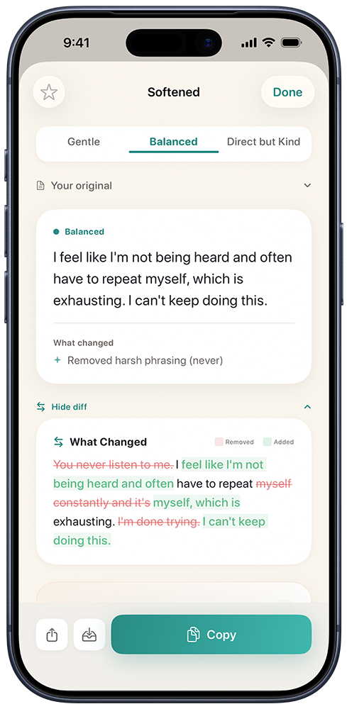 SoftSpeak diff view with word-by-word strikethroughs for removed phrases and additions for new kinder wording.
