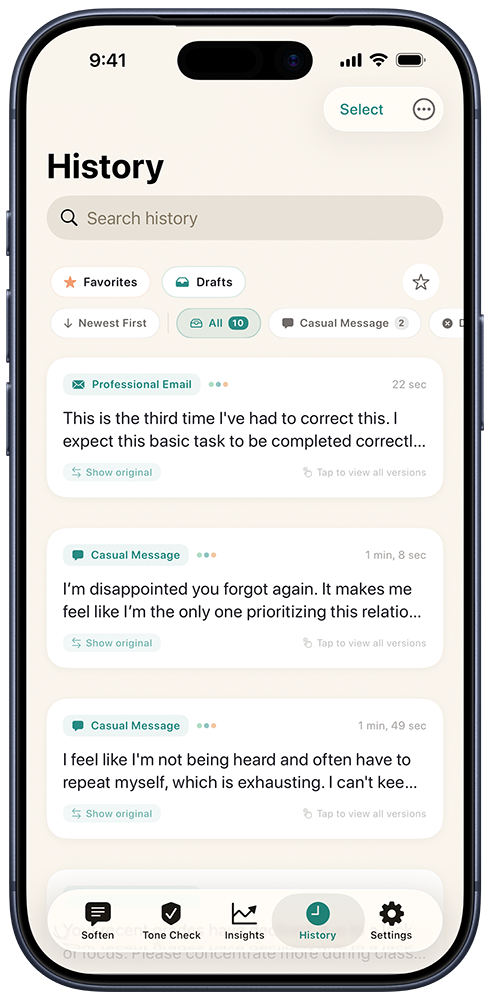 SoftSpeak History tab listing past softenings grouped by context — Professional Email, Casual Message — with favorites and drafts filters.