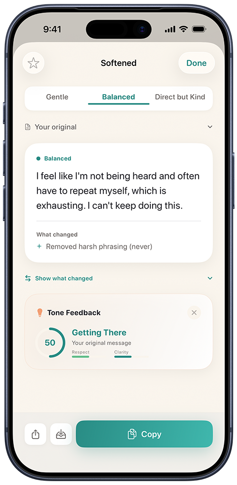 SoftSpeak on iPhone showing a balanced, softened version of a message alongside its tone feedback score.